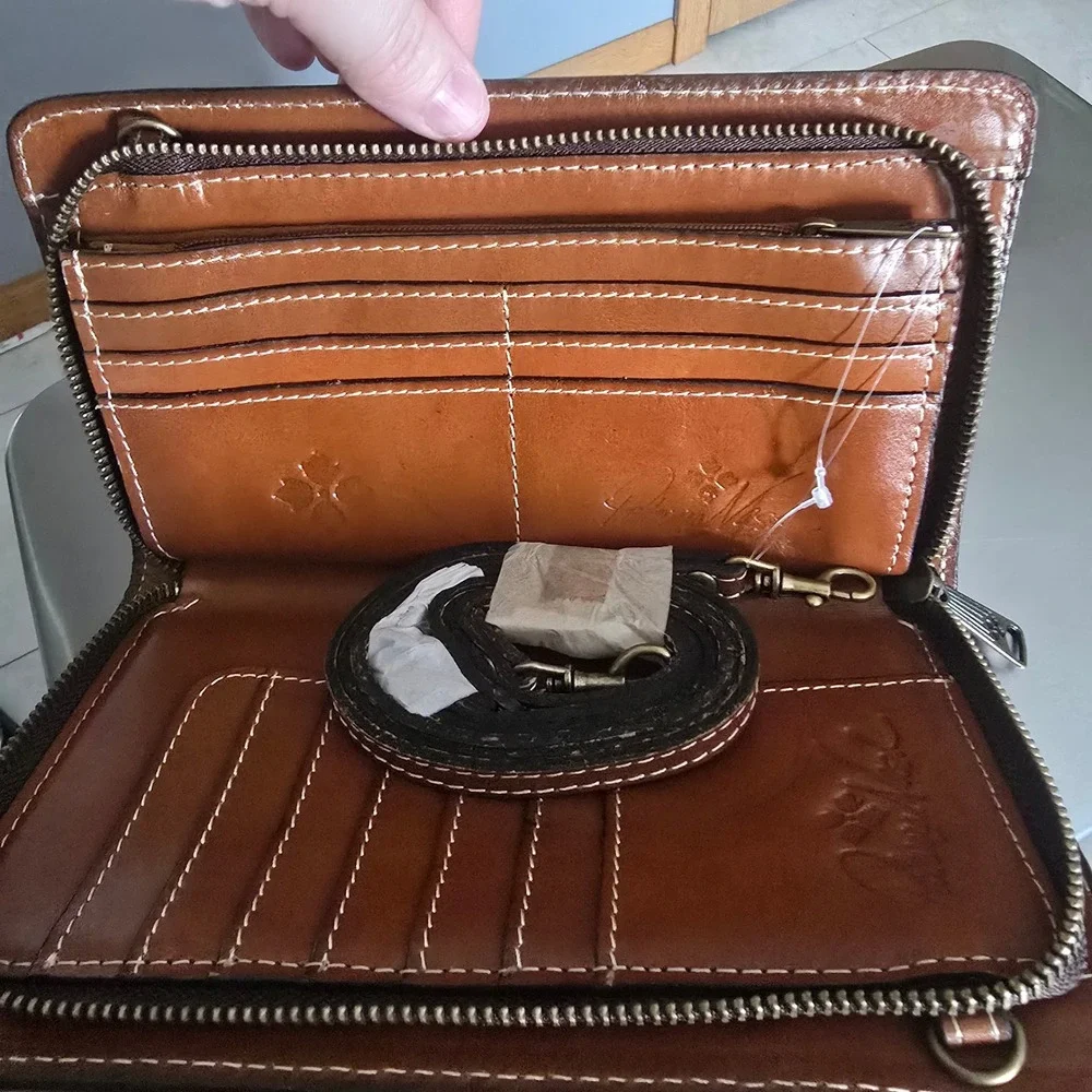Patricia Nash Tan Leather Wallet Crossbody Bag Cognac Brown Clutch Organizer